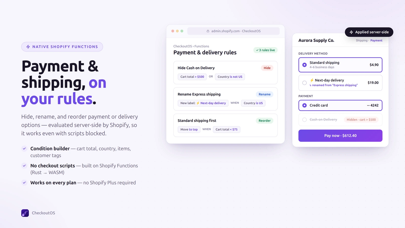 Payment and delivery rule builder in the CheckoutOS admin